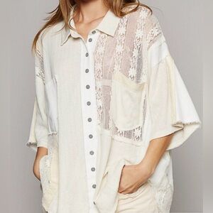 NWT POL Delicate Lace Floral Gauze Oversized Cream Button Down size medium